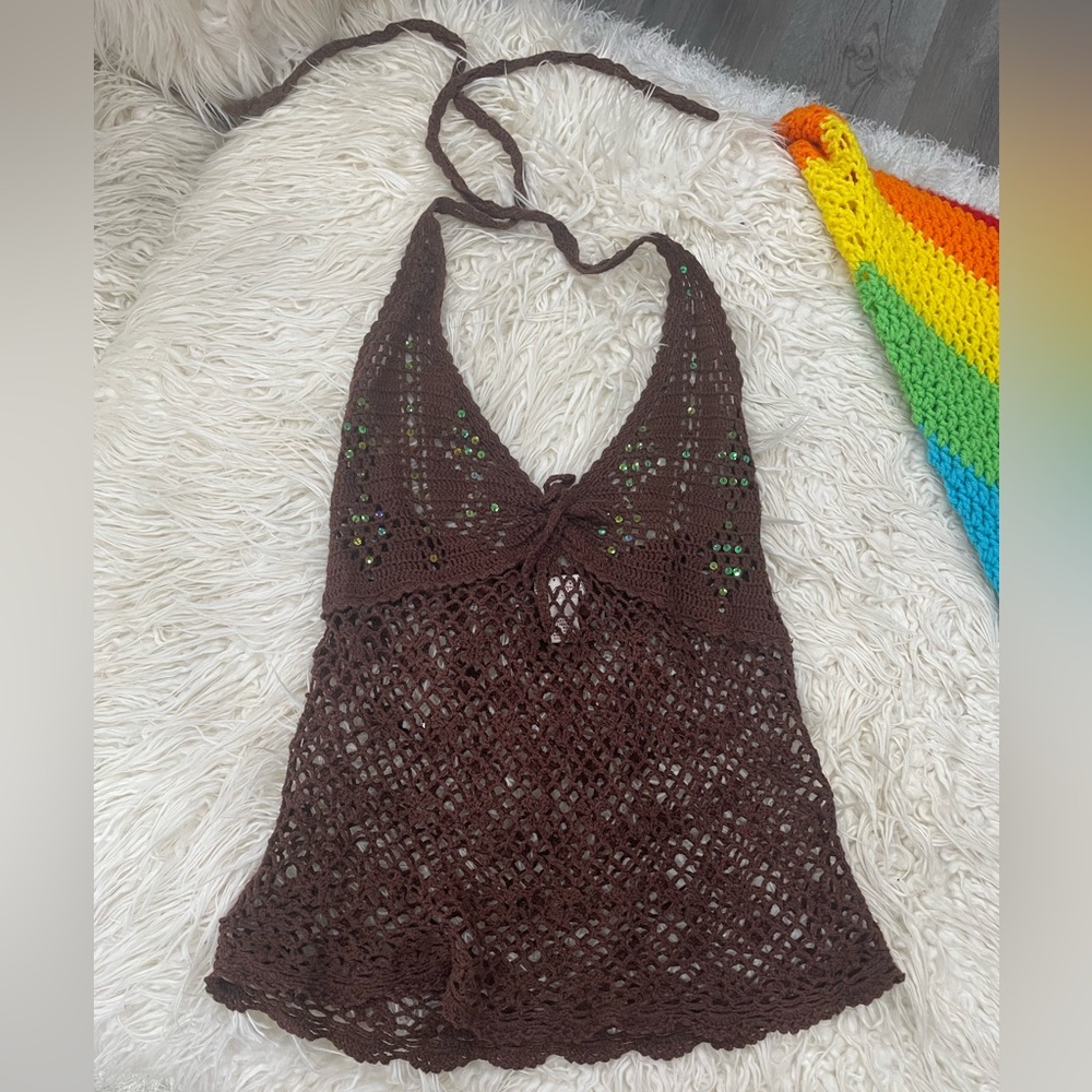 Boho crochet brown halter top